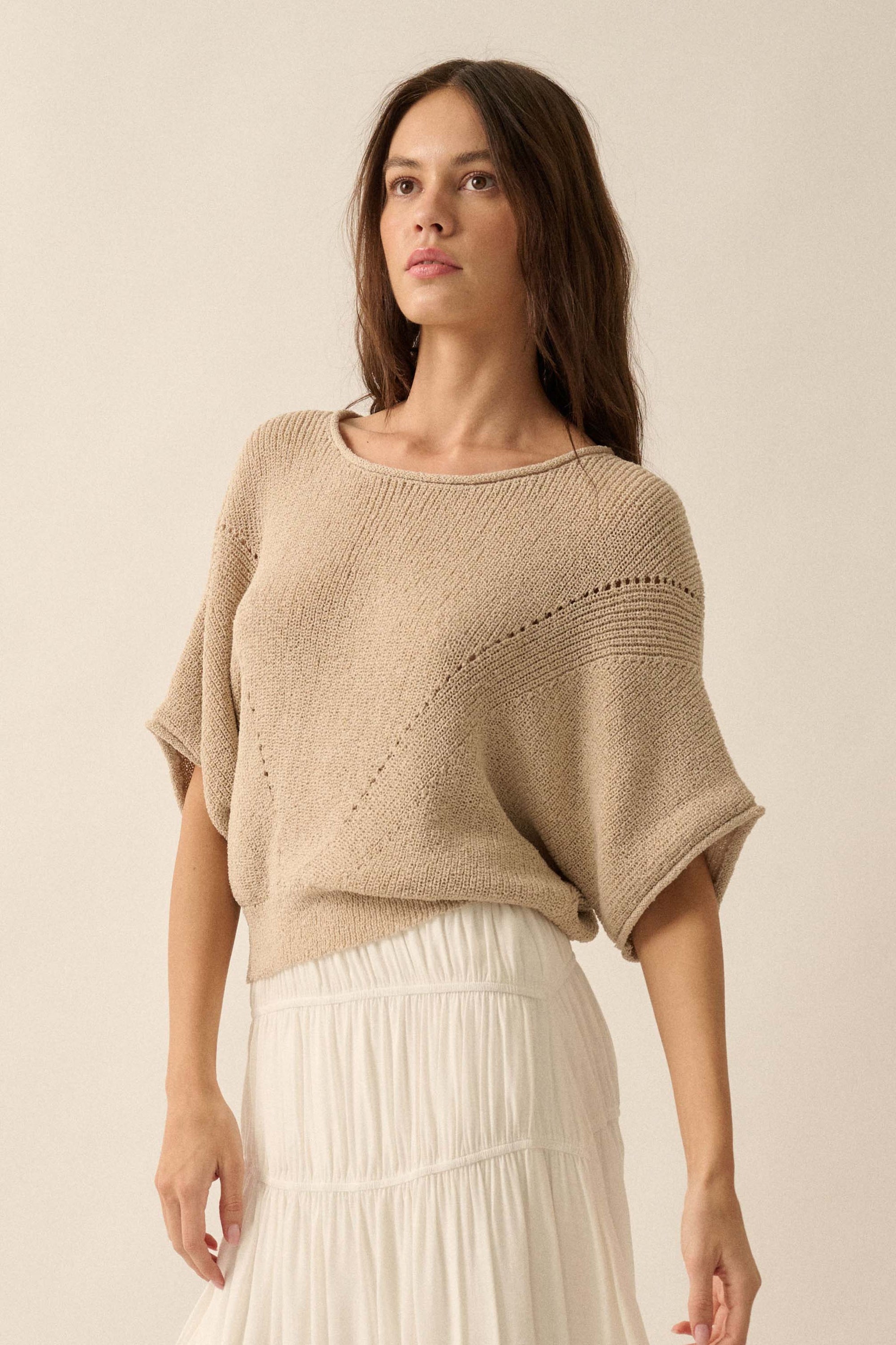 True Self Short-Sleeve Pointelle Rib-Knit Sweater - ShopPromesa