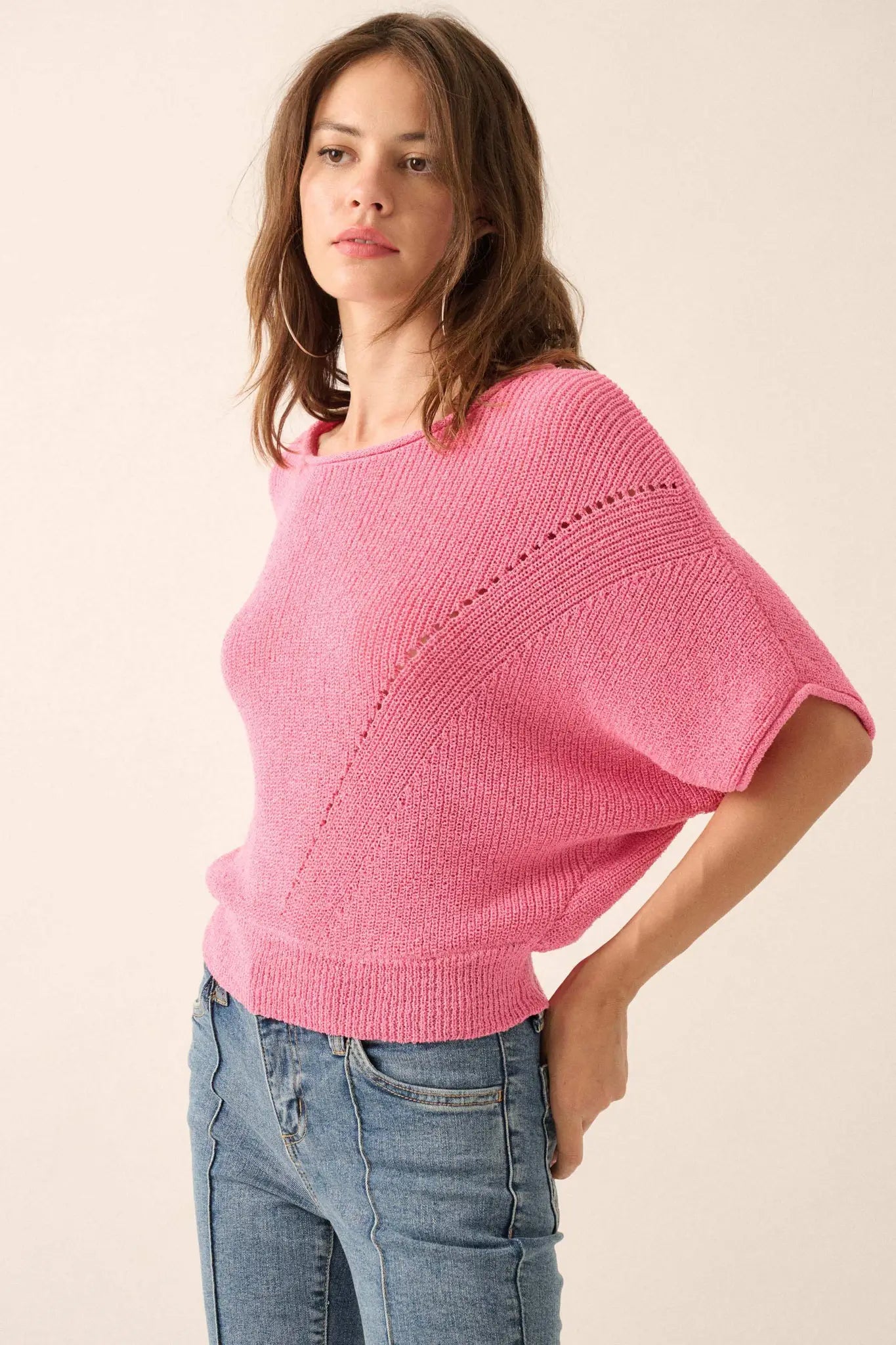 True Self Short-Sleeve Pointelle Rib-Knit Sweater