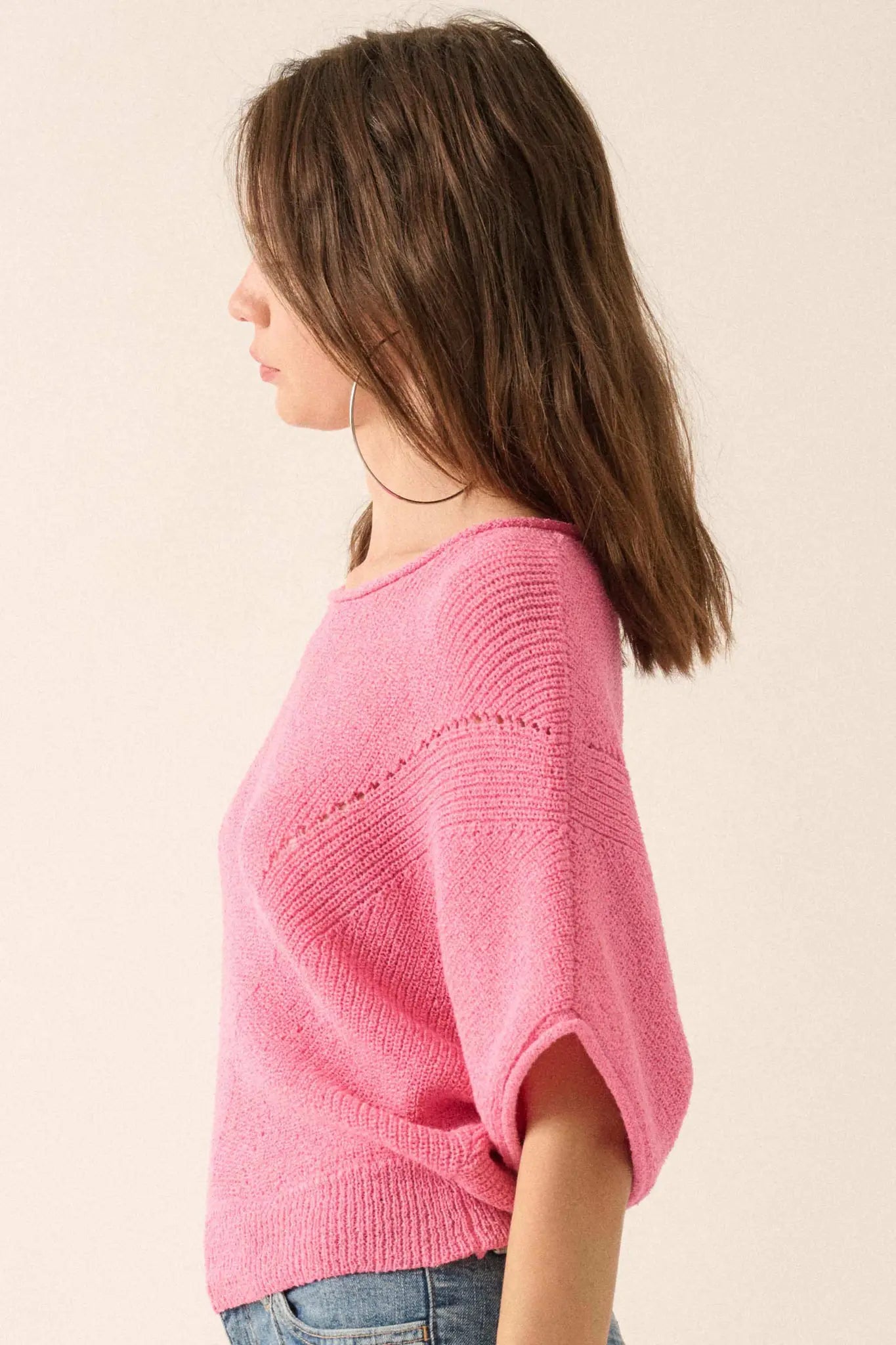 True Self Short-Sleeve Pointelle Rib-Knit Sweater