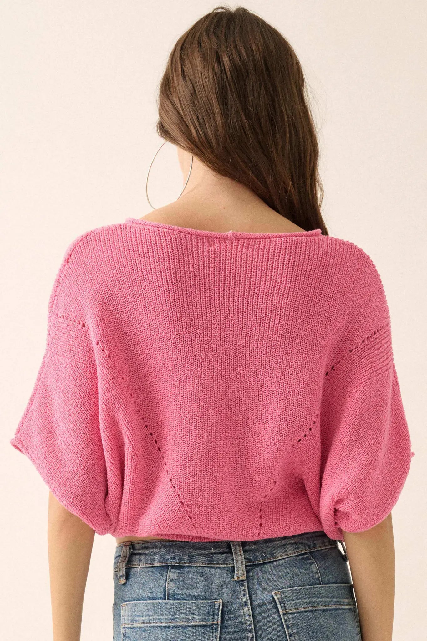 True Self Short-Sleeve Pointelle Rib-Knit Sweater