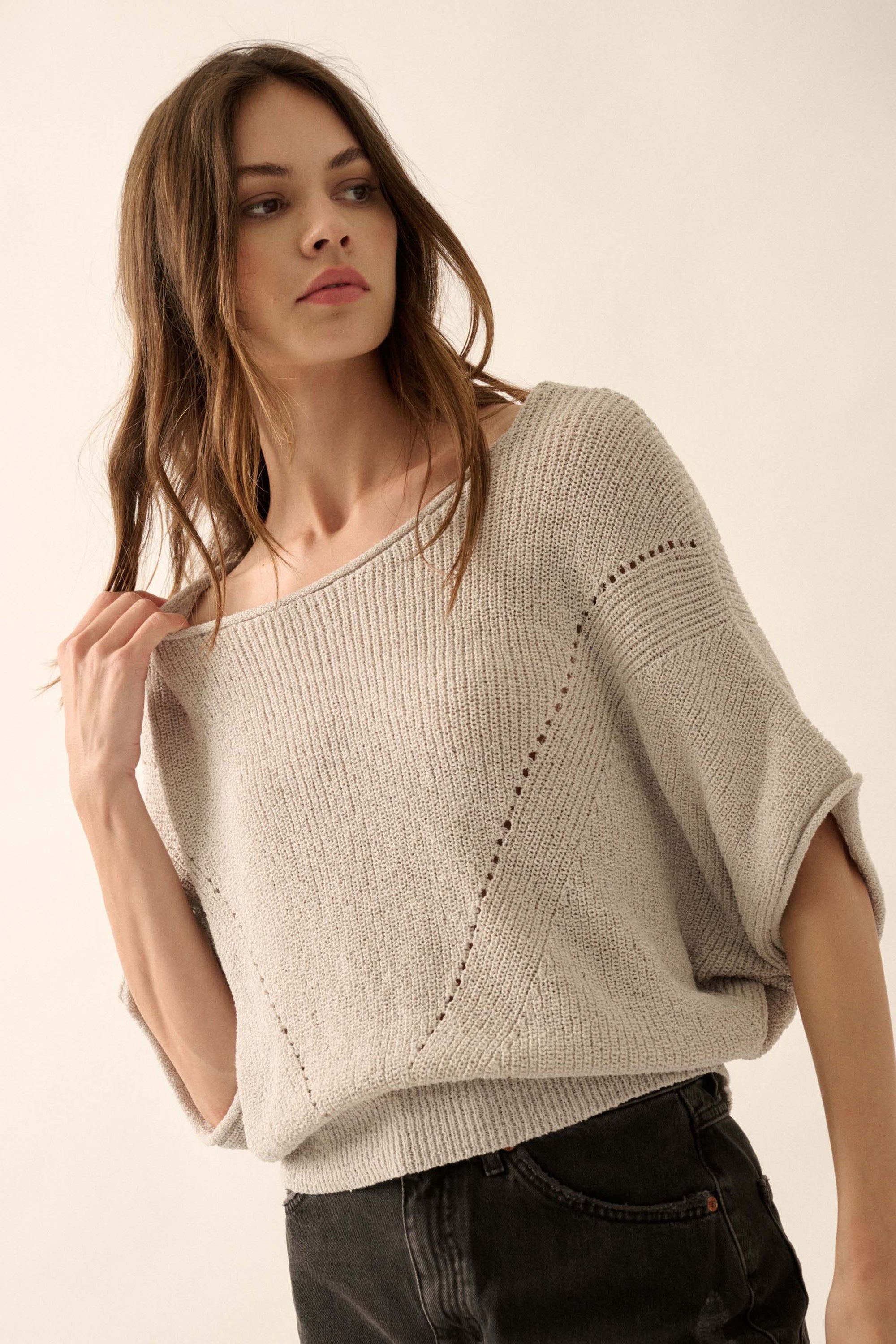 True Self Short-Sleeve Pointelle Rib-Knit Sweater - ShopPromesa