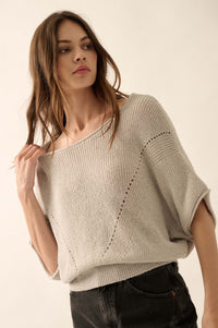 True Self Short-Sleeve Pointelle Rib-Knit Sweater - ShopPromesa