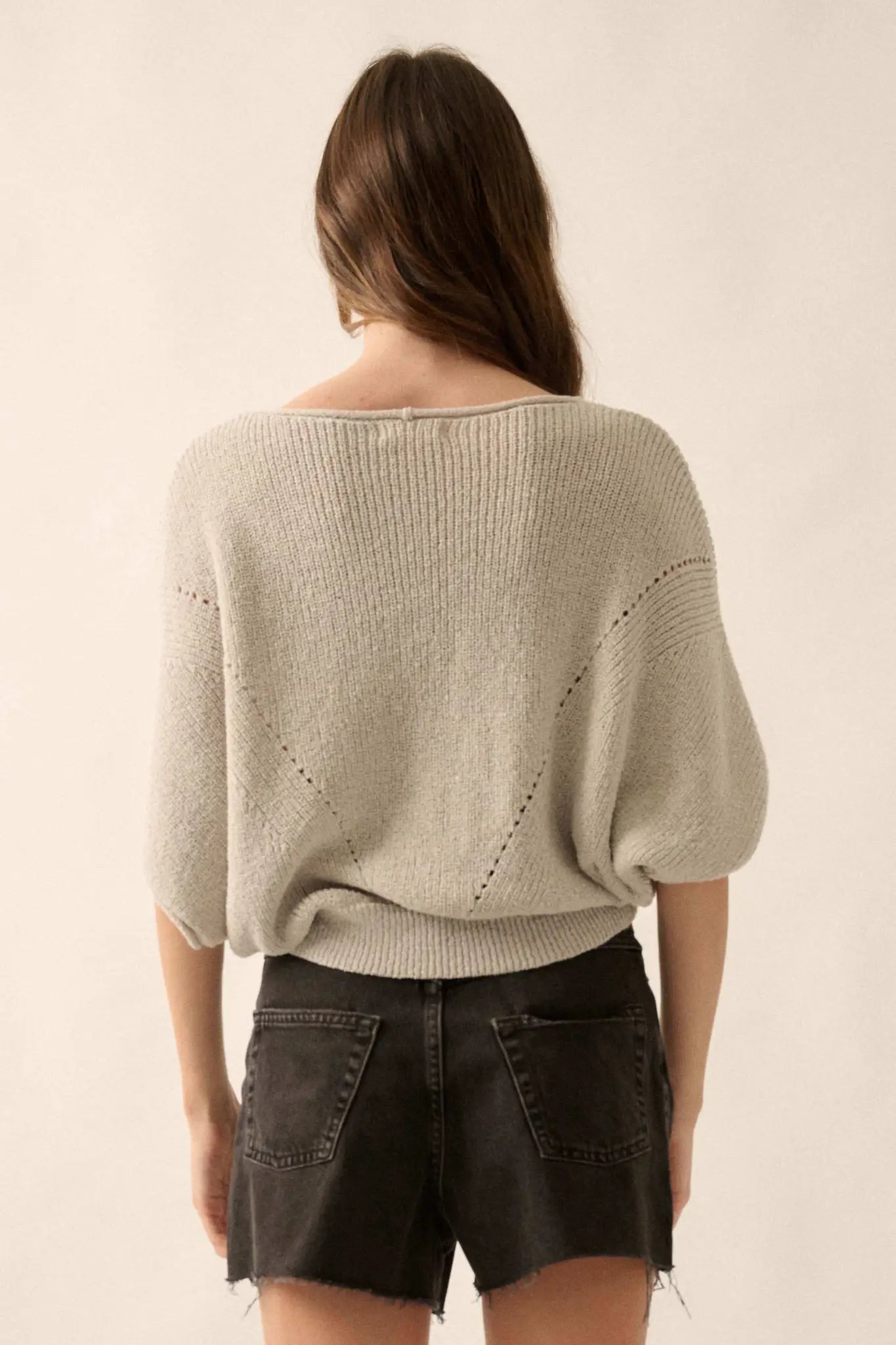 True Self Short-Sleeve Pointelle Rib-Knit Sweater - ShopPromesa
