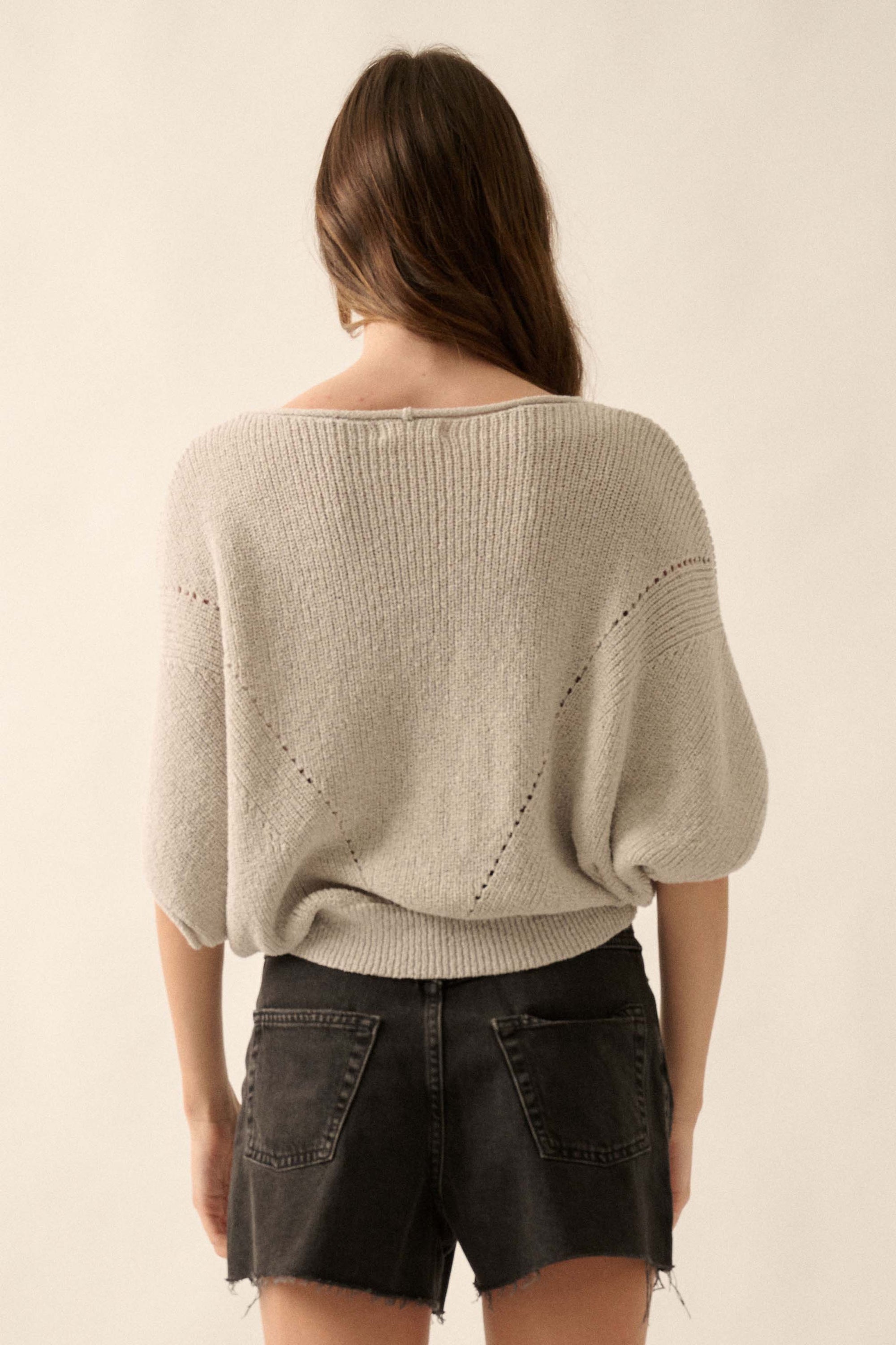 True Self Short-Sleeve Pointelle Rib-Knit Sweater - ShopPromesa