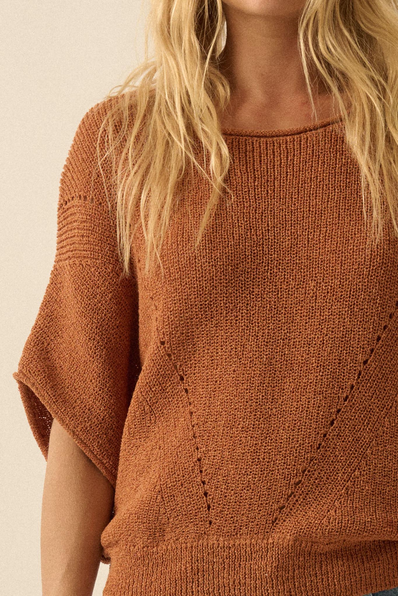 True Self Short-Sleeve Pointelle Rib-Knit Sweater