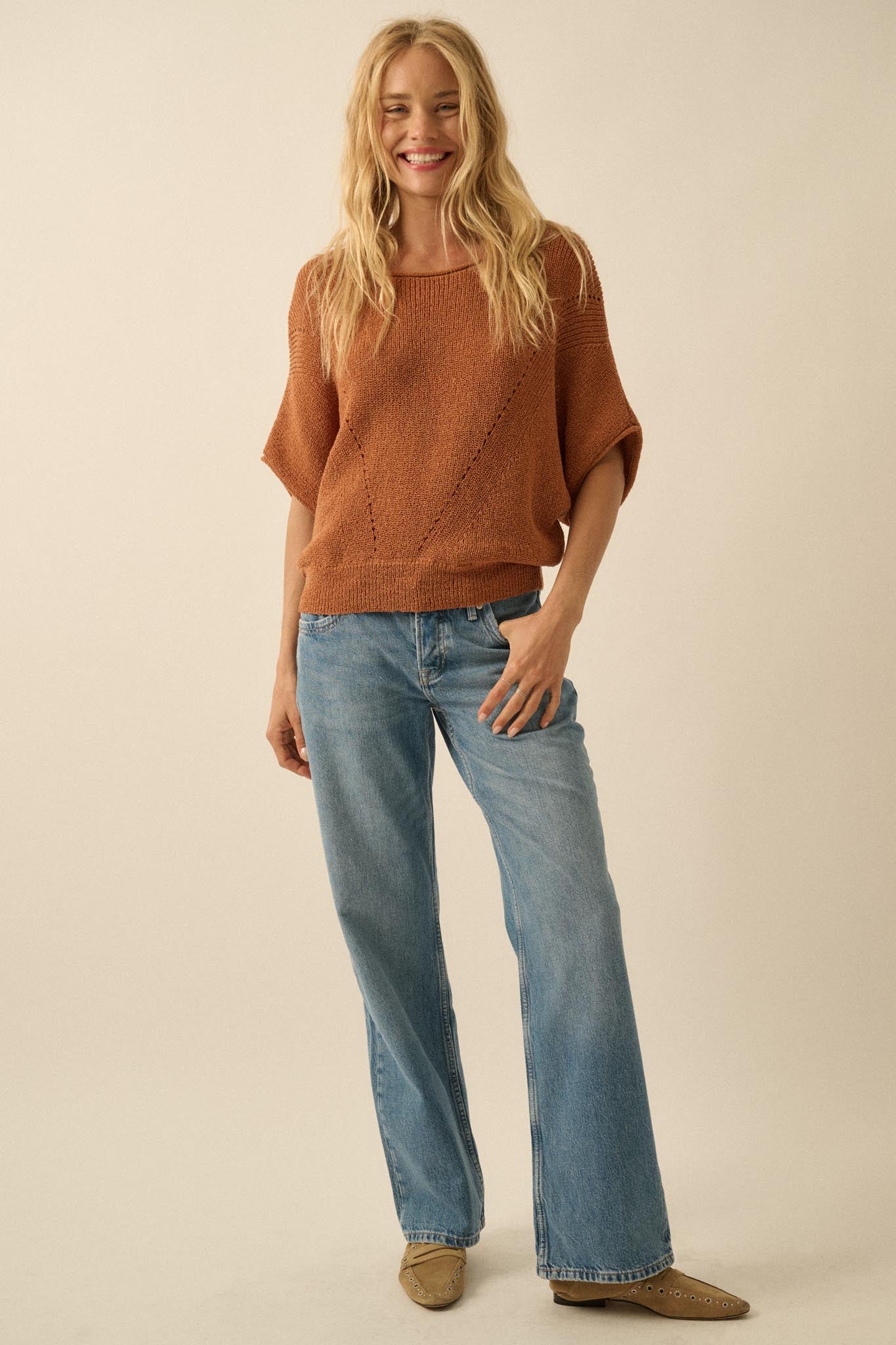 True Self Short-Sleeve Pointelle Rib-Knit Sweater