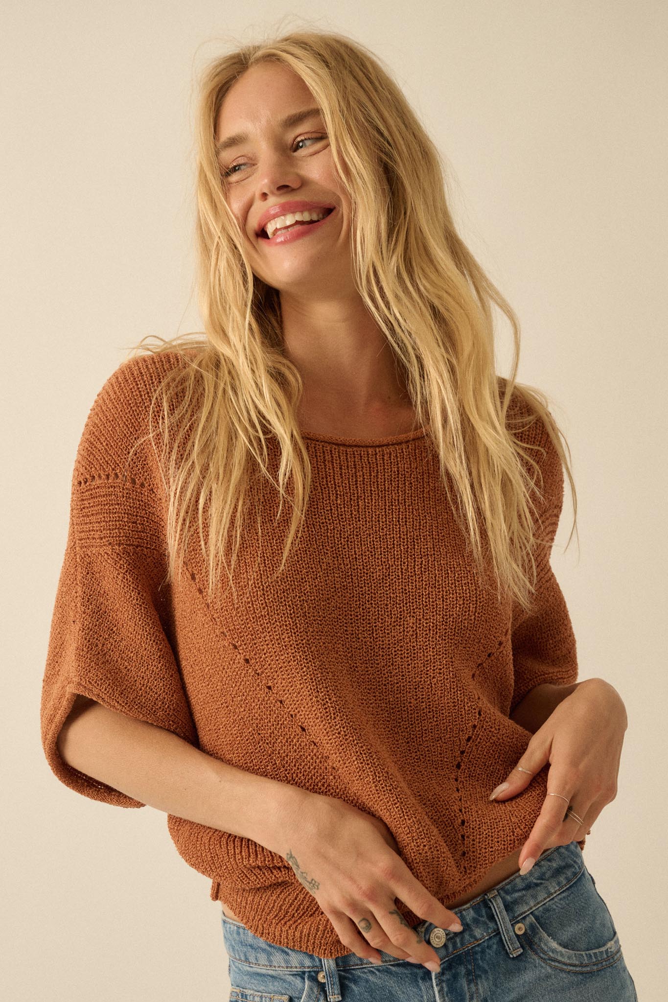 True Self Short-Sleeve Pointelle Rib-Knit Sweater
