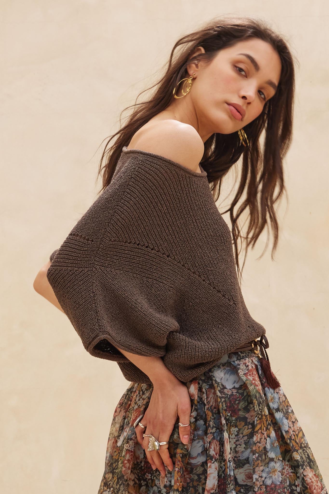 True Self Short-Sleeve Pointelle Rib-Knit Sweater