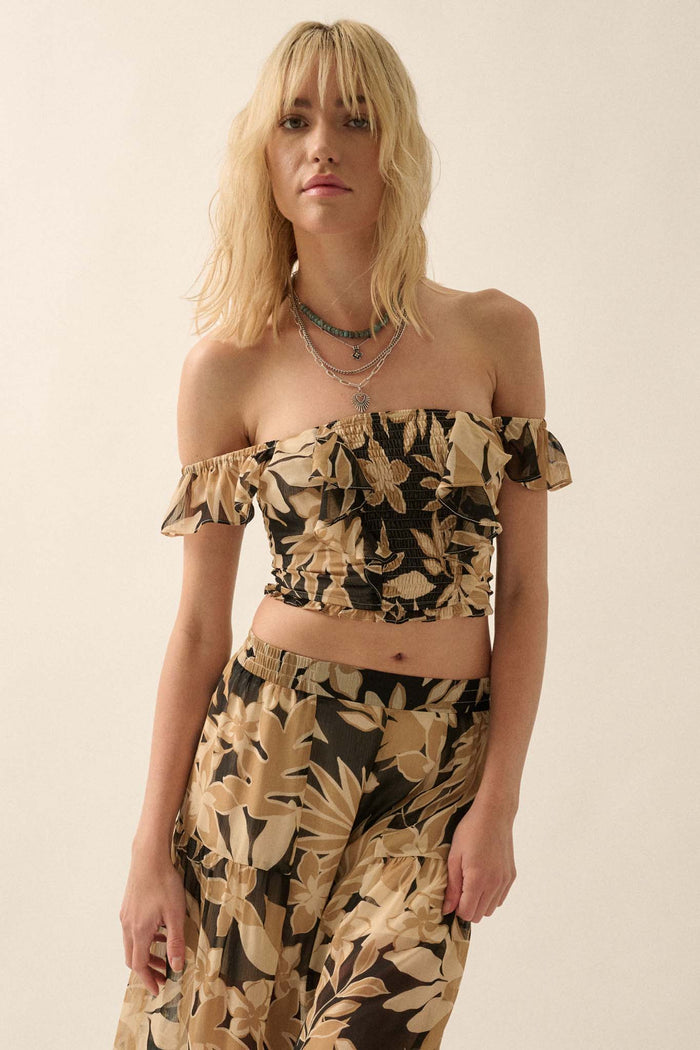 Exotic Tropics Floral Off-Shoulder Ruffle Crop Top - ShopPromesa