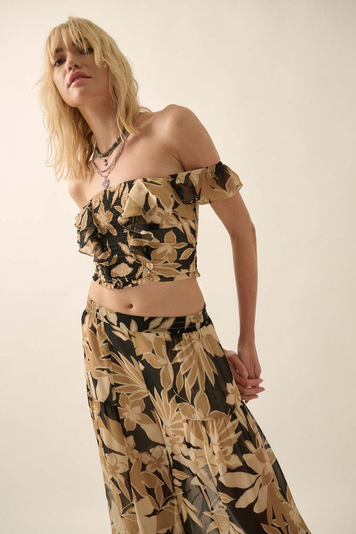 Exotic Tropics Floral Off-Shoulder Ruffle Crop Top - ShopPromesa