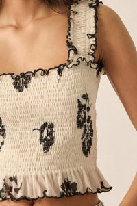 Deco Darling Floral Mesh Smocked Ruffle Cami Top - ShopPromesa