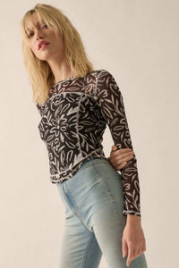 Modern Blossoms Floral-Print Mesh Exposed-Seam Top - ShopPromesa