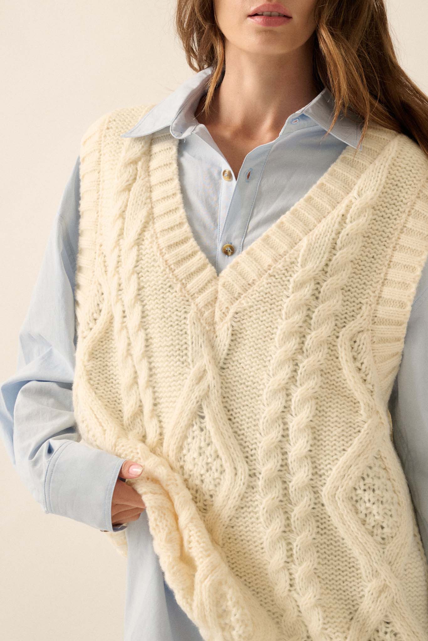 Making the Grade Oversize Cable Knit Sweater Vest - ShopPromesa