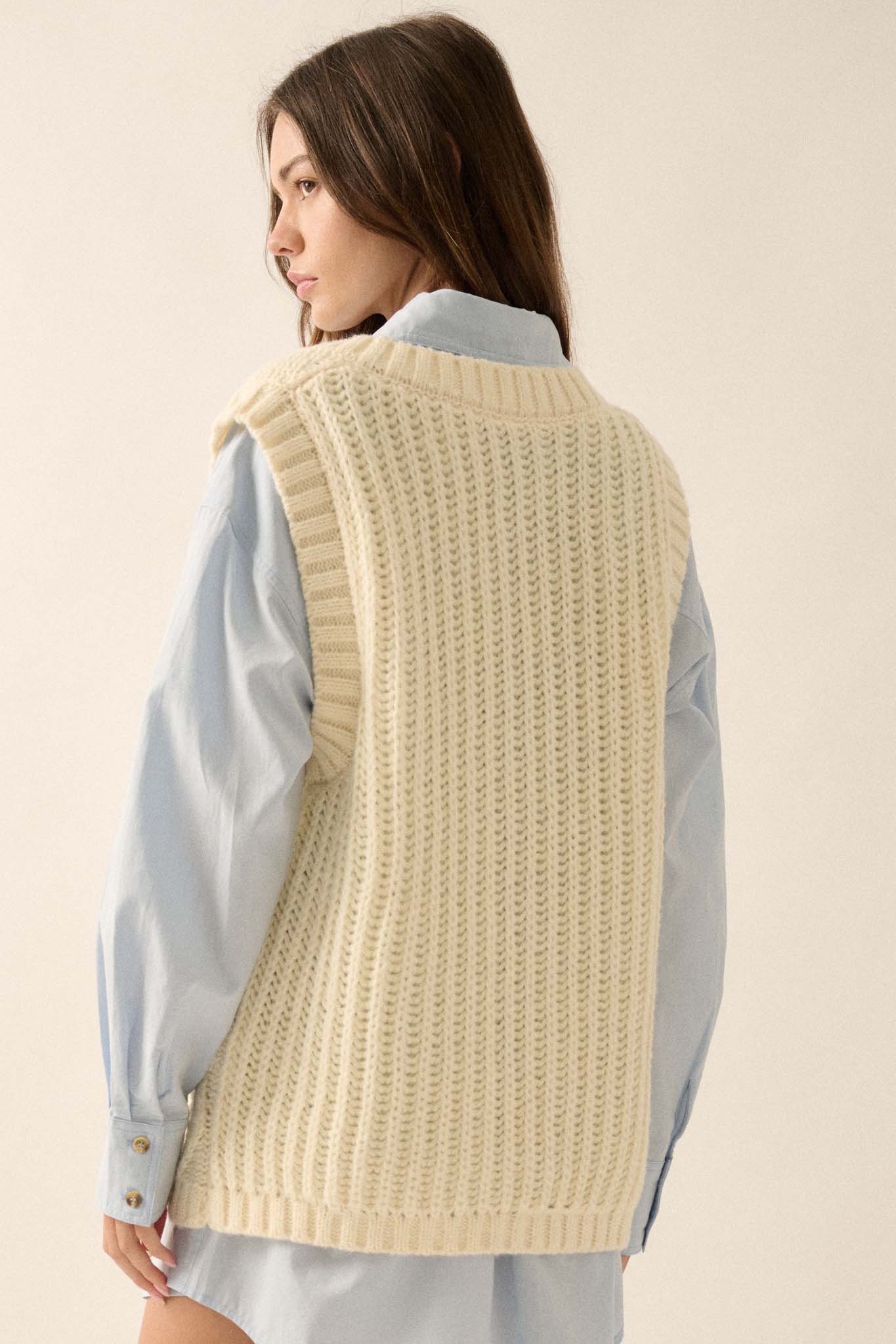 Making the Grade Oversize Cable Knit Sweater Vest - ShopPromesa