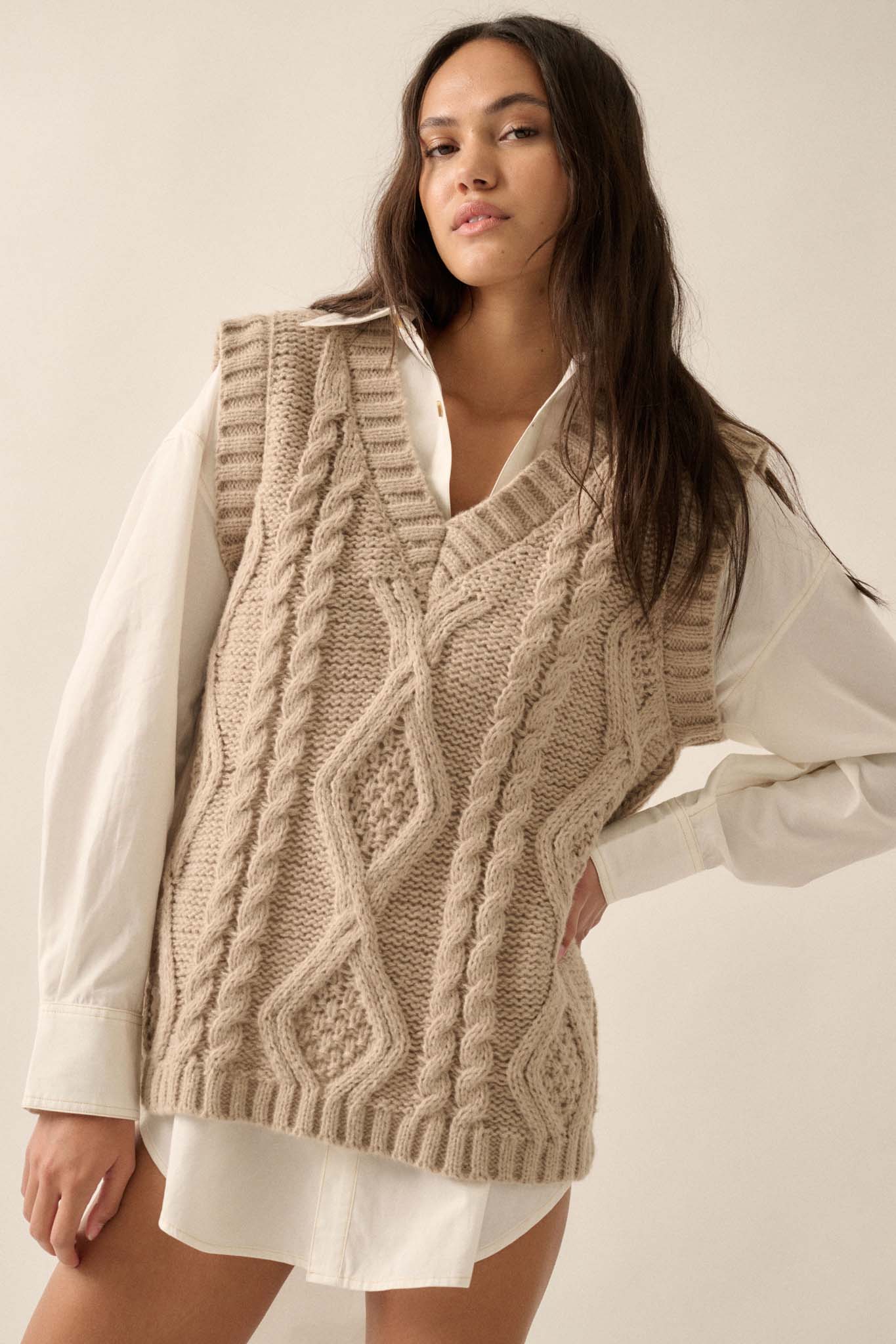 Making the Grade Oversize Cable Knit Sweater Vest - ShopPromesa