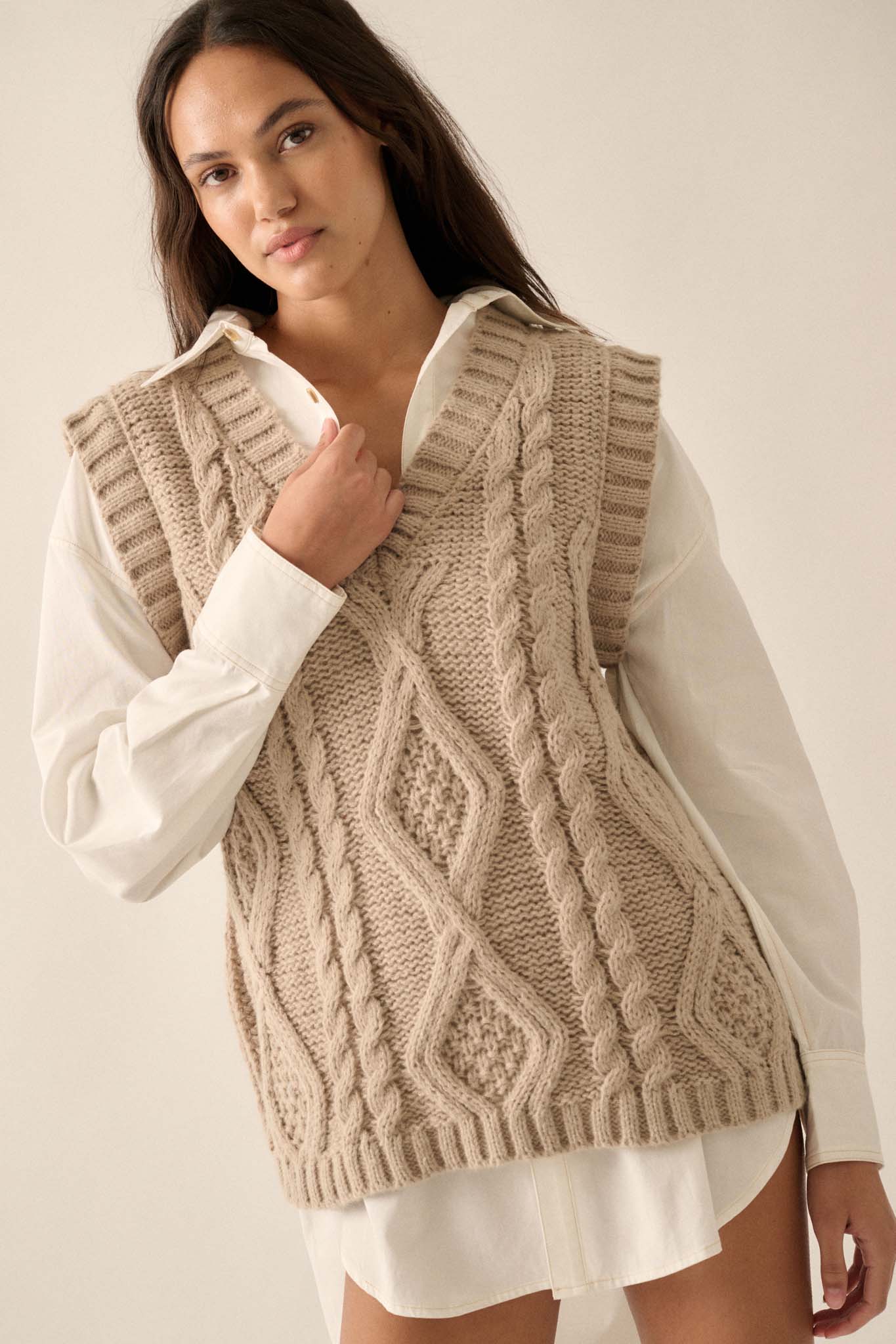 Making the Grade Oversize Cable Knit Sweater Vest - ShopPromesa