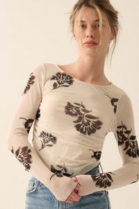 Deco Garden Floral Mesh Ruched Asymmetrical Top - ShopPromesa