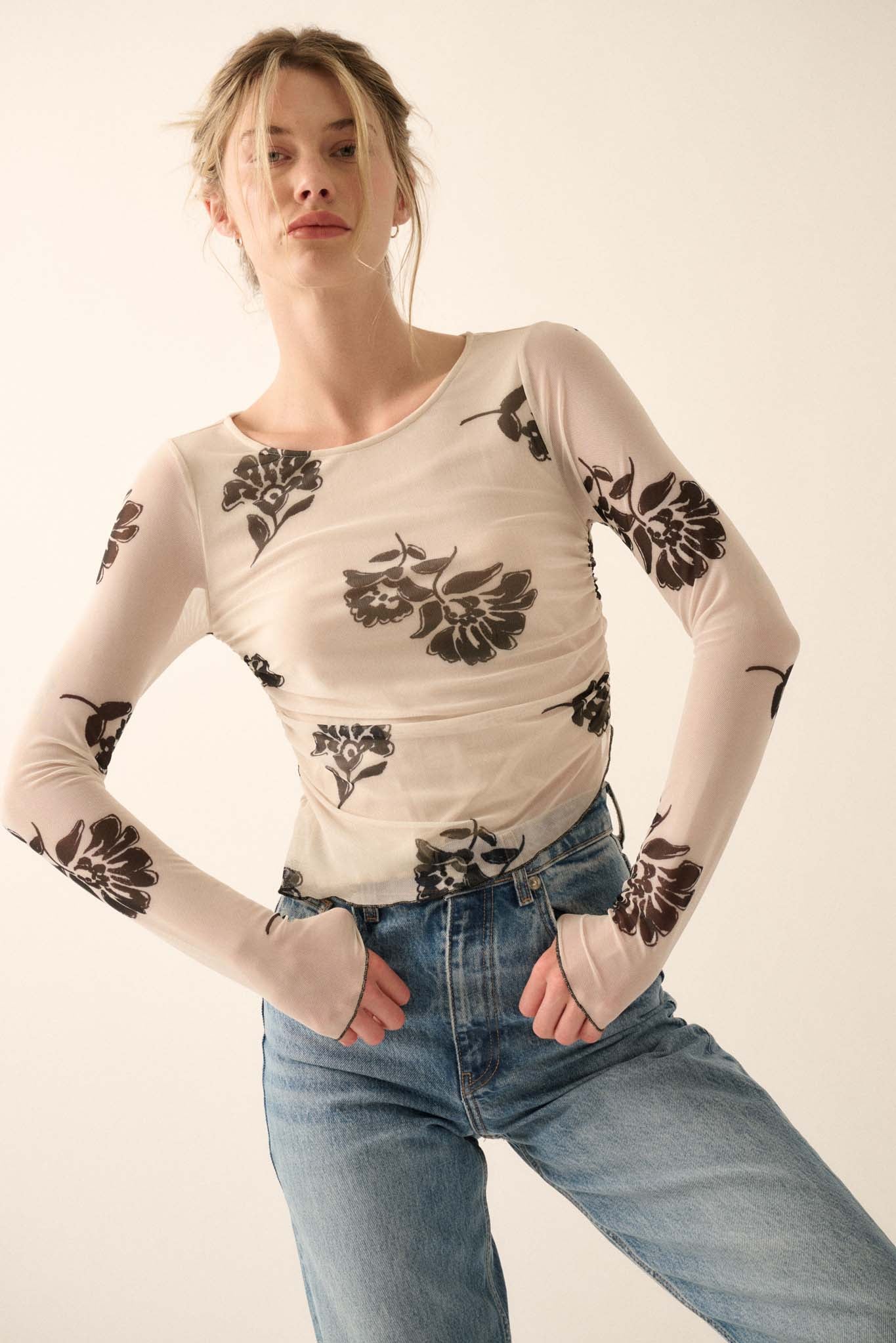 Deco Garden Floral Mesh Ruched Asymmetrical Top - ShopPromesa