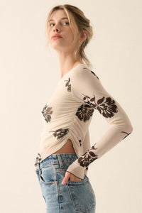 Deco Garden Floral Mesh Ruched Asymmetrical Top - ShopPromesa