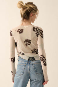 Deco Garden Floral Mesh Ruched Asymmetrical Top - ShopPromesa