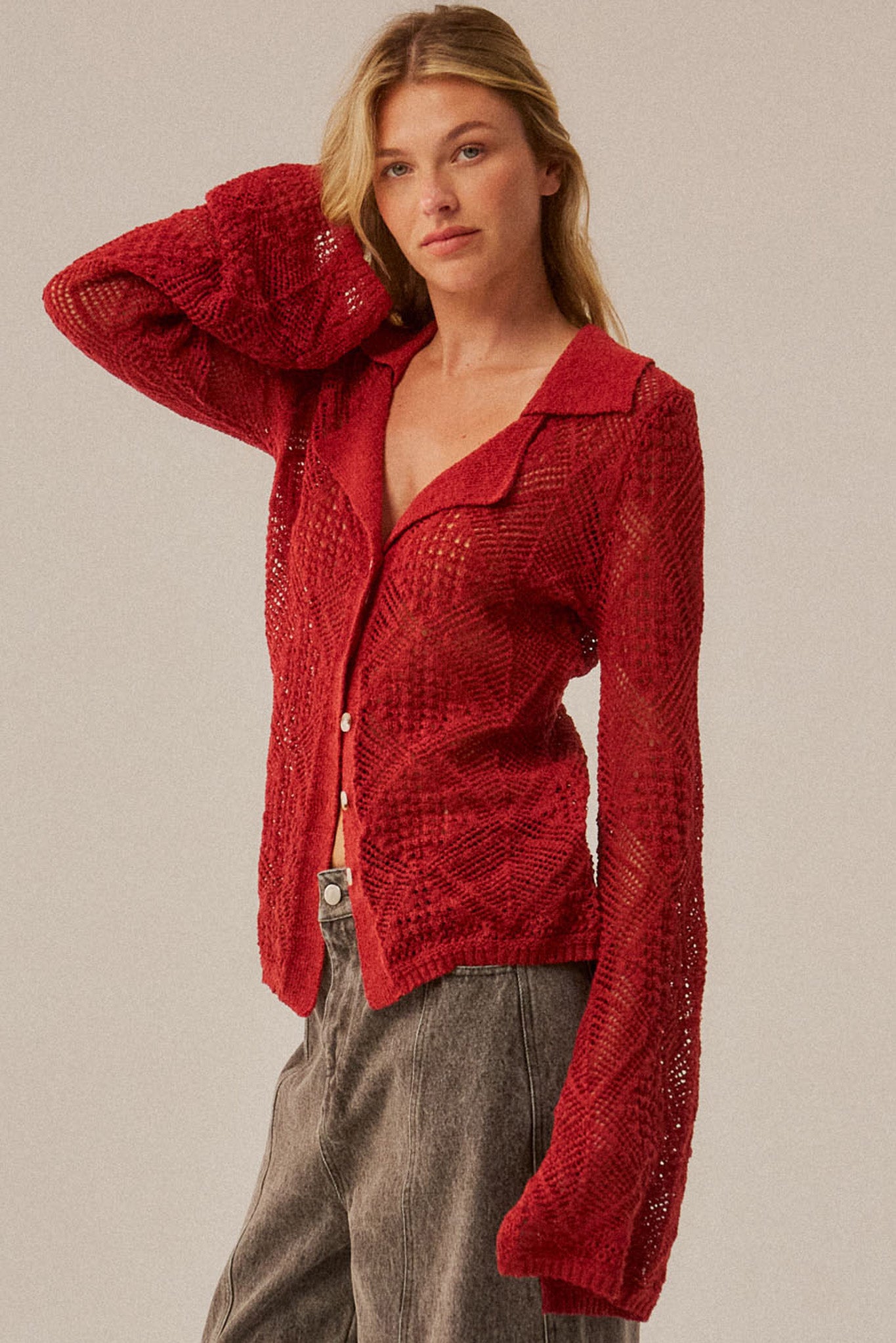 Diamond Dust Geometric Crochet Button-Up Cardigan