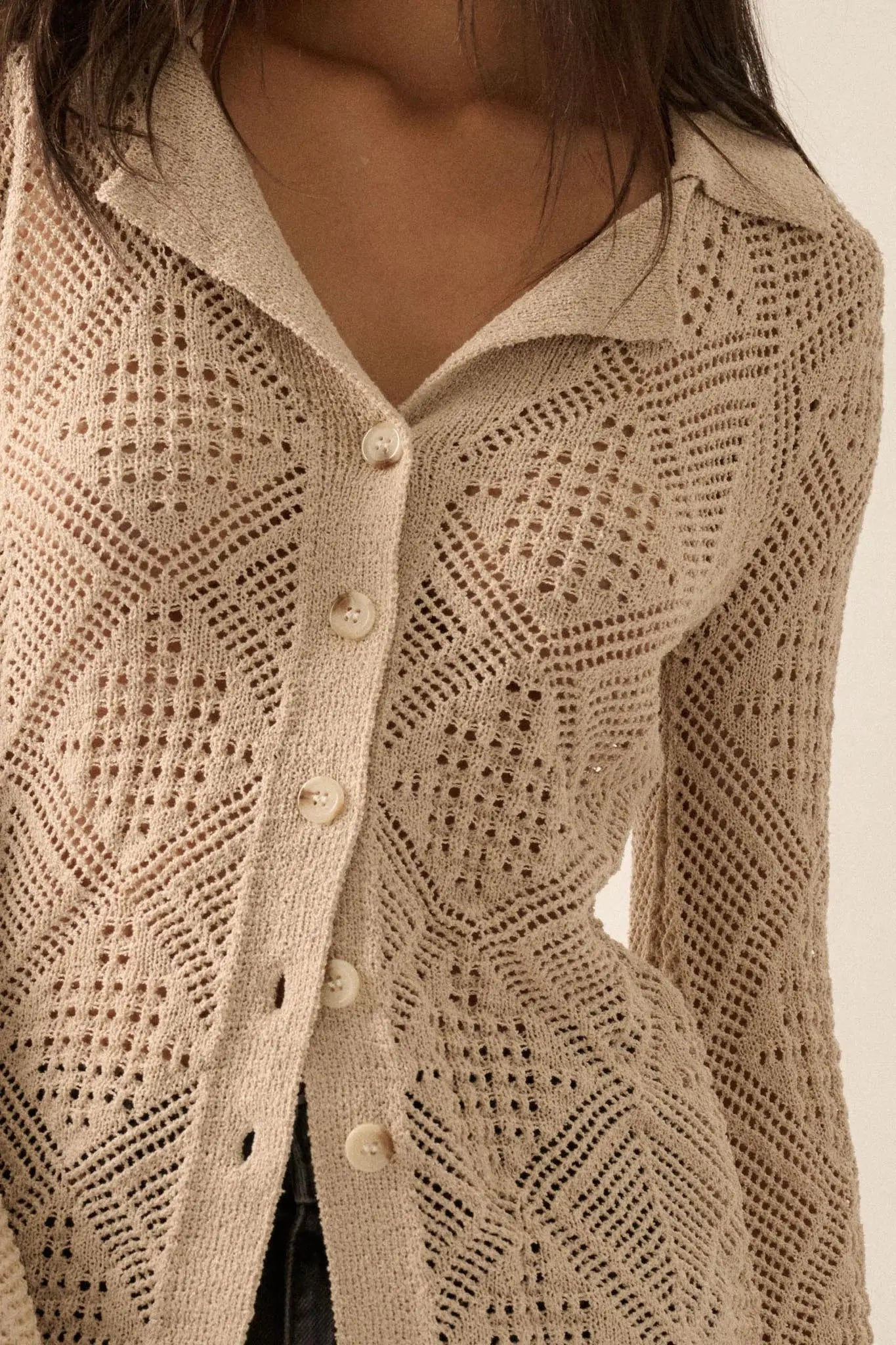 Diamond Dust Geometric Crochet Button-Up Cardigan