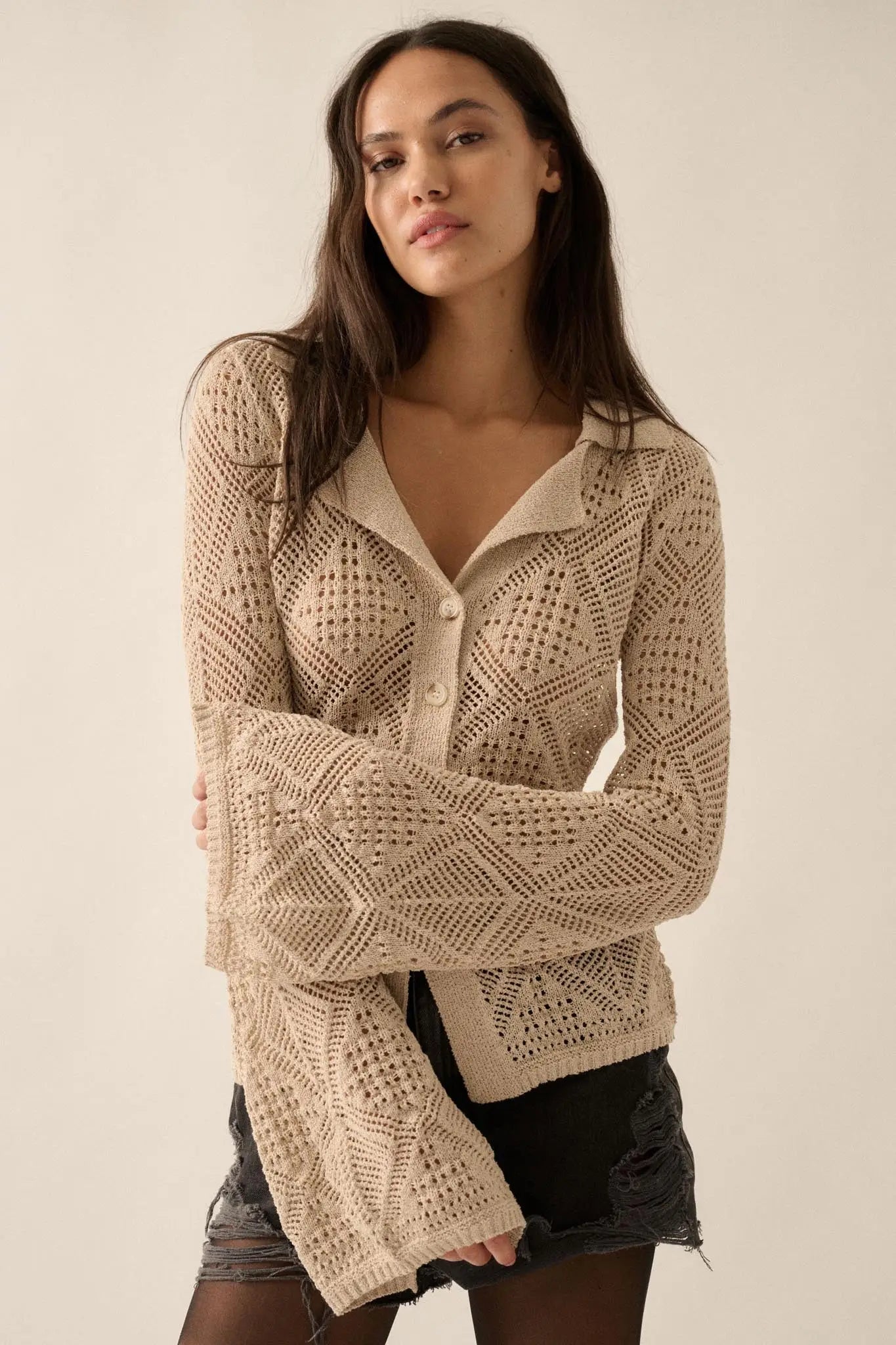 Diamond Dust Geometric Crochet Button-Up Cardigan