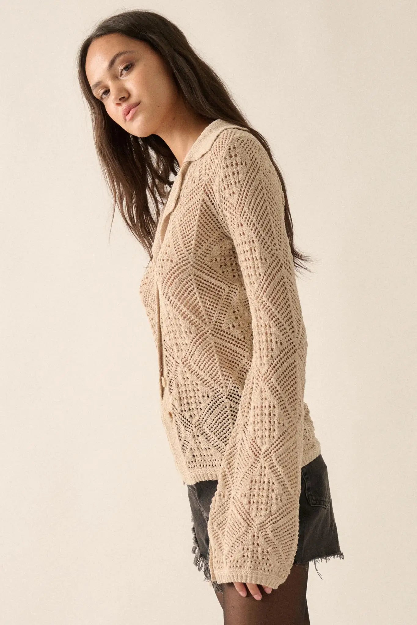 Diamond Dust Geometric Crochet Button-Up Cardigan