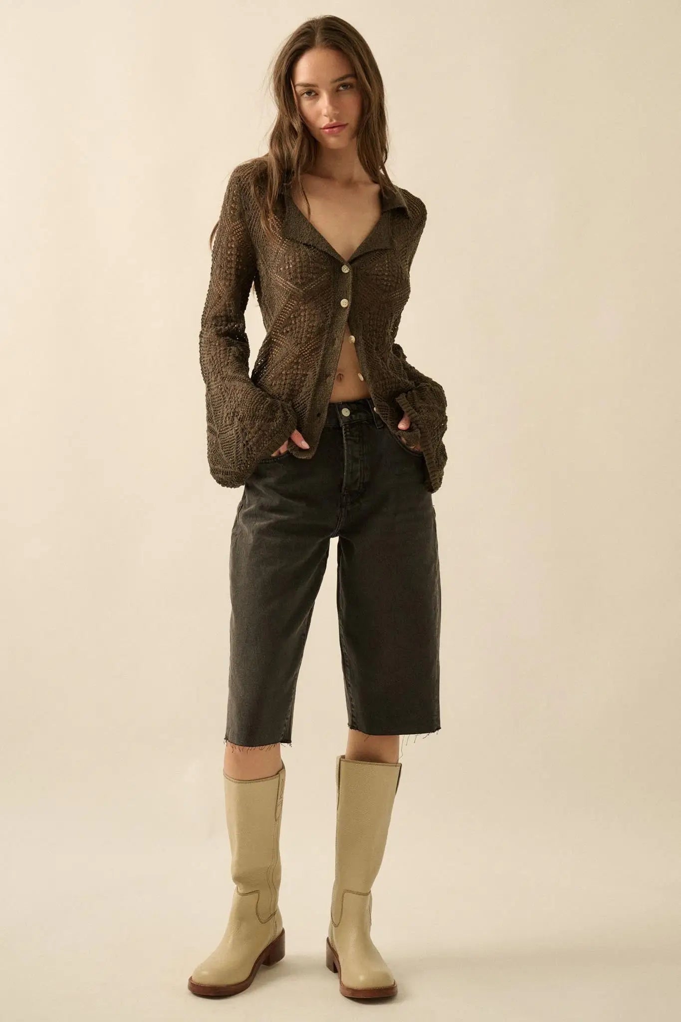 Diamond Dust Geometric Crochet Button-Up Cardigan