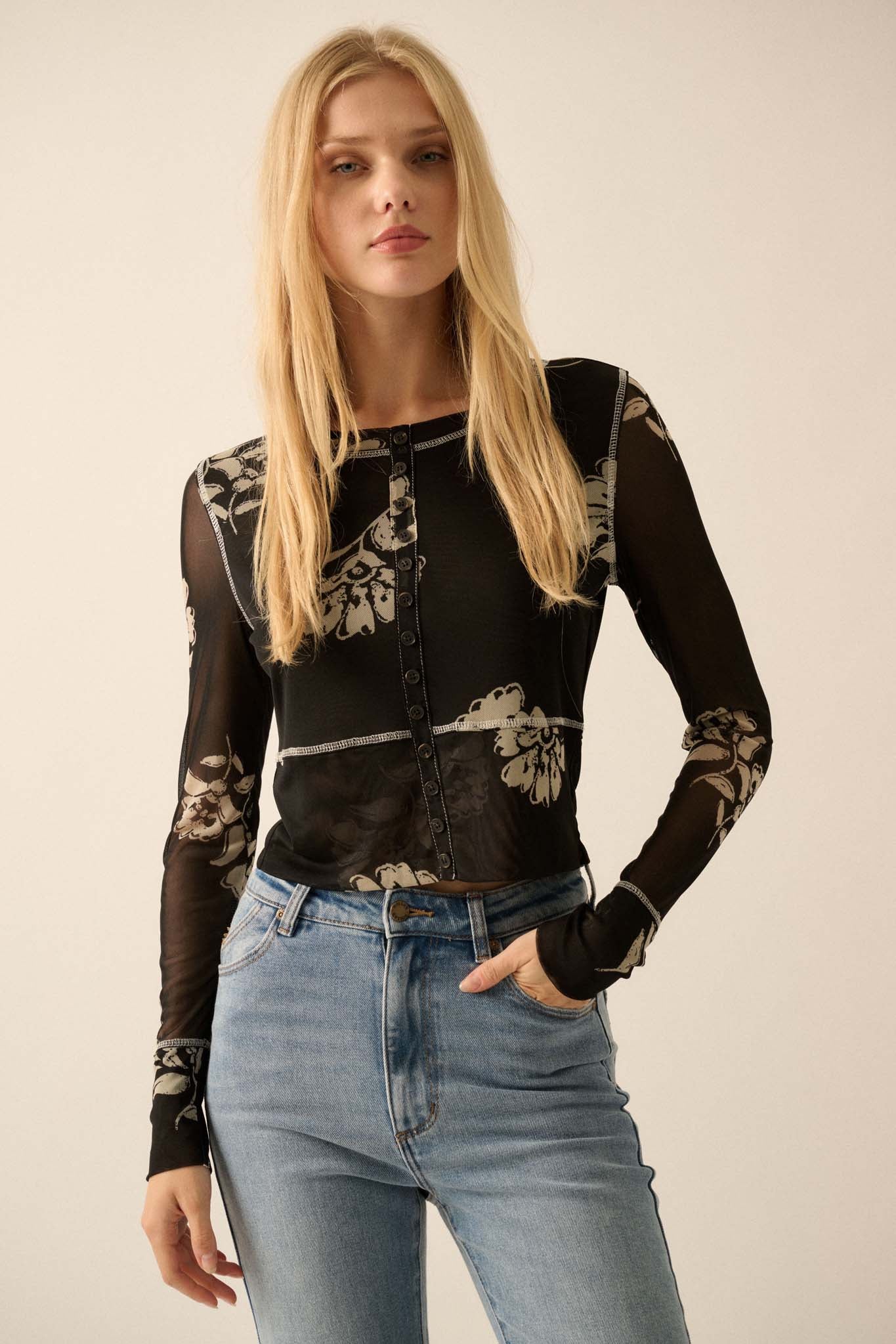 Deco All Day Floral Mesh Button-Trim Top - ShopPromesa