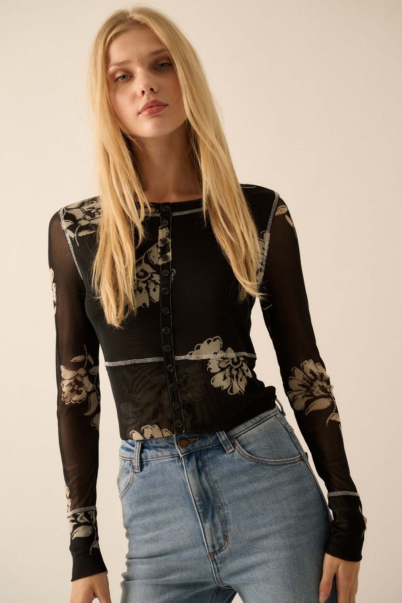 Deco All Day Floral Mesh Button-Trim Top - ShopPromesa