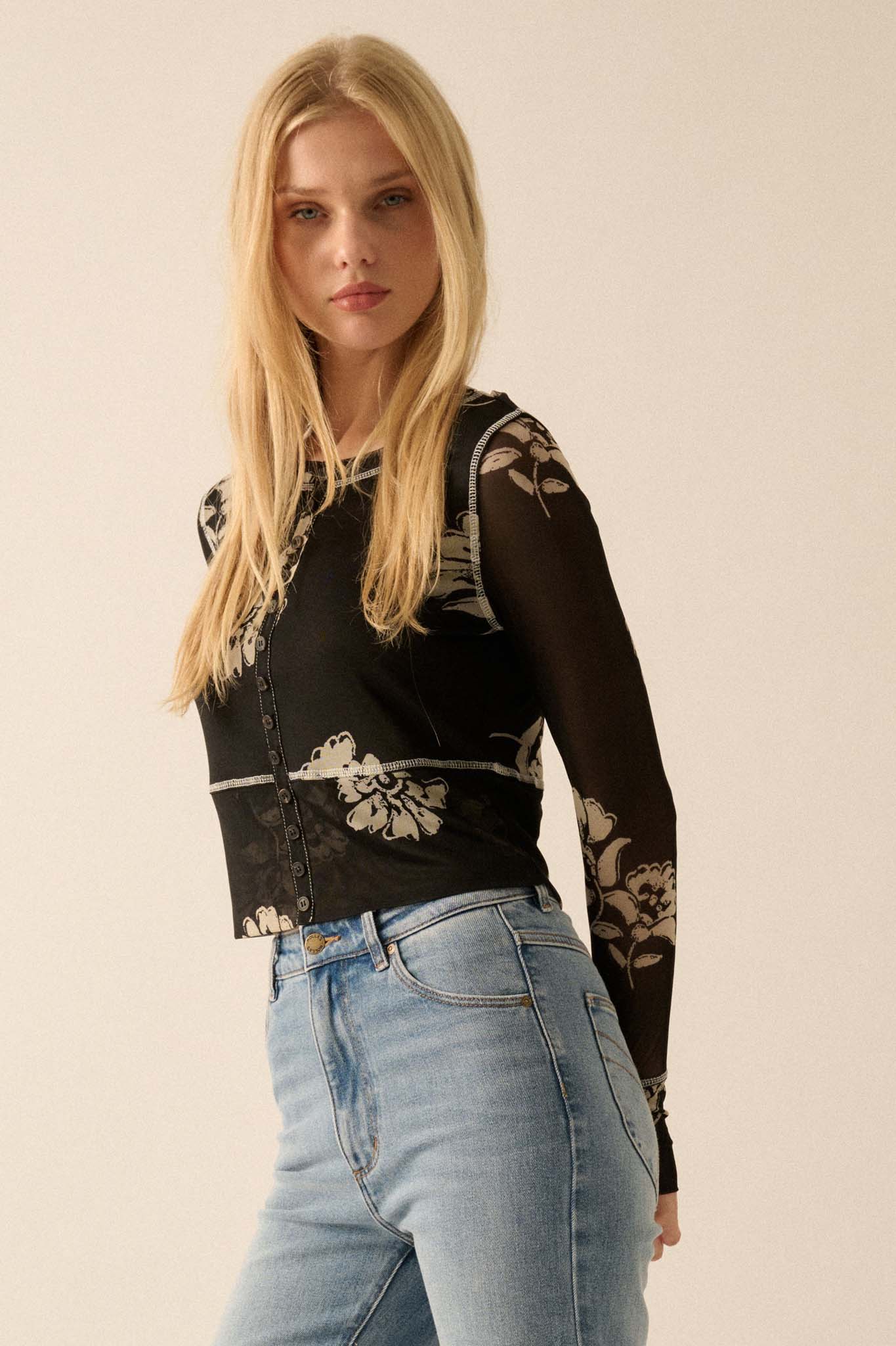 Deco All Day Floral Mesh Button-Trim Top - ShopPromesa