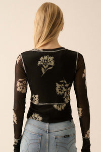 Deco All Day Floral Mesh Button-Trim Top - ShopPromesa