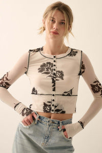 Deco All Day Floral Mesh Button-Trim Top - ShopPromesa