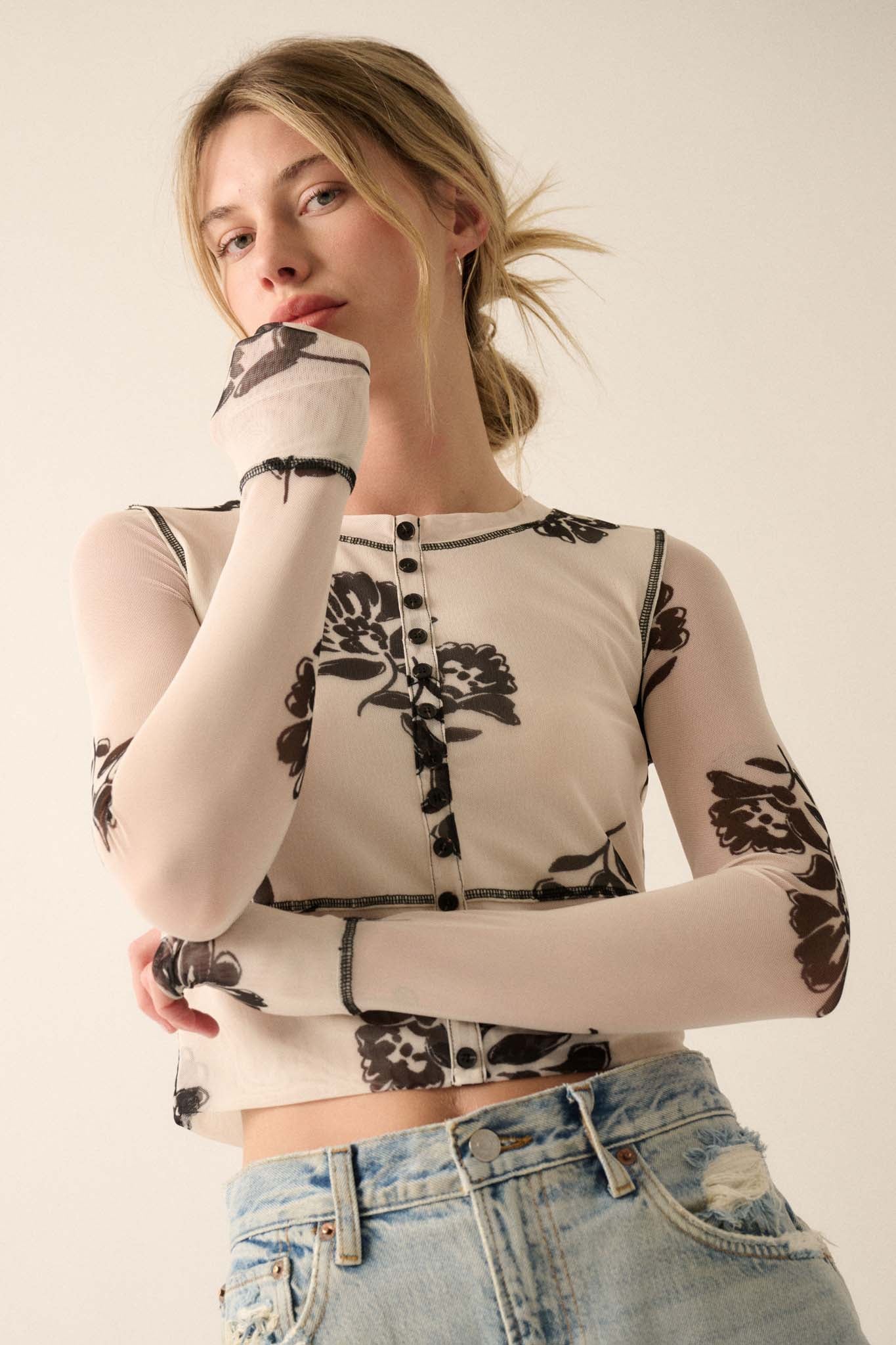 Deco All Day Floral Mesh Button-Trim Top - ShopPromesa