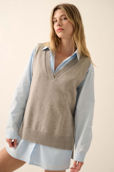 Book Smarts Side-Button V-Neck Sweater Vest - ShopPromesa