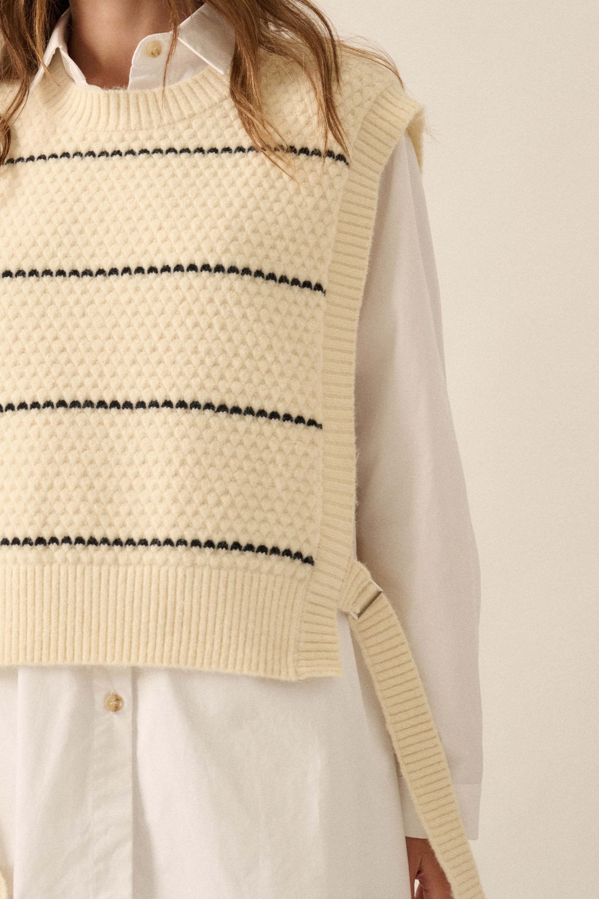 Study Date Striped Knit Side-Tie Sweater Vest - ShopPromesa