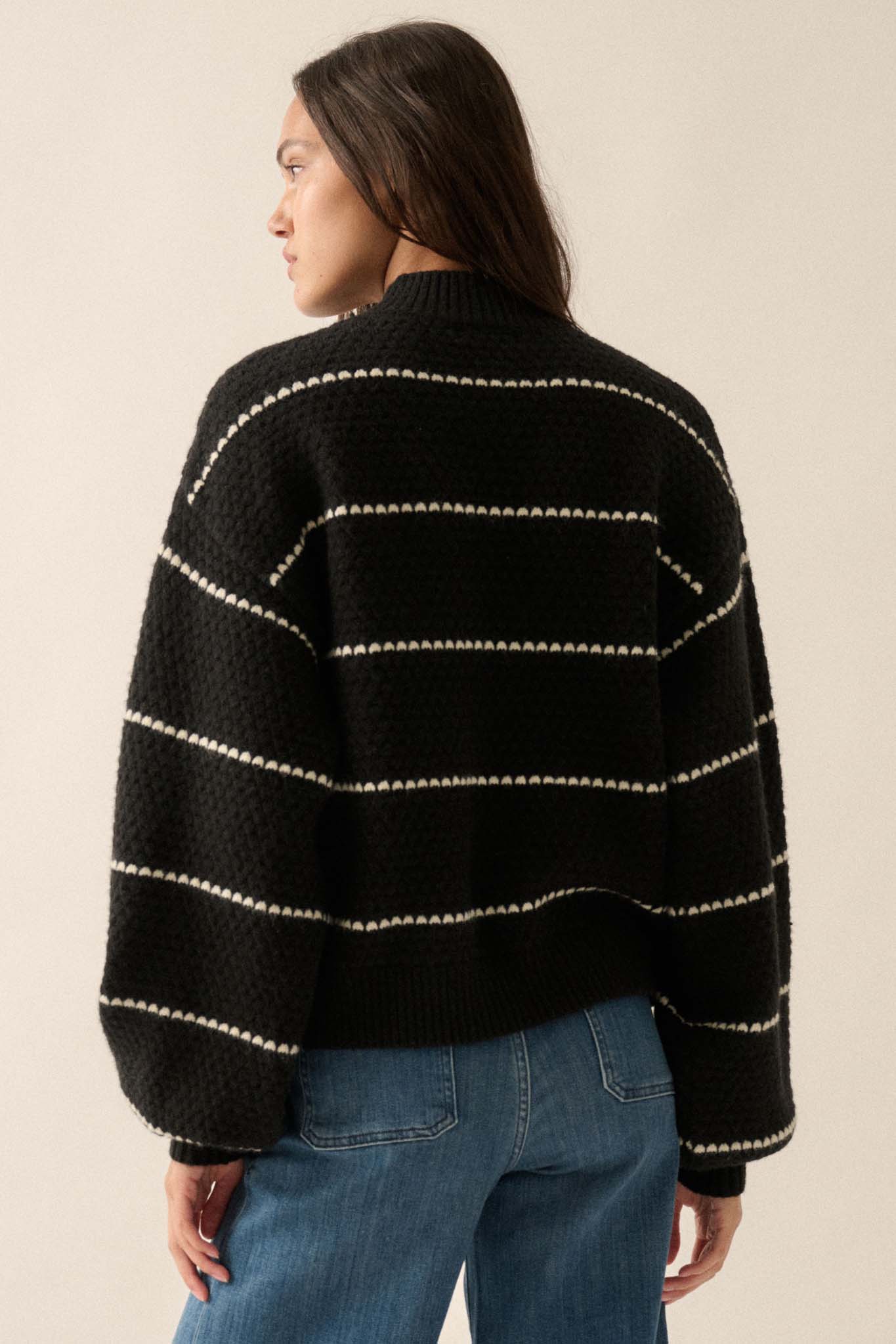 Call Me Cozy Striped Bubble Knit Mock-Neck Sweater - ShopPromesa