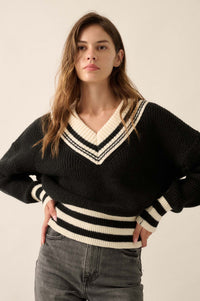 Serving Love Varsity-Stripe V-Neck Sweater - ShopPromesa