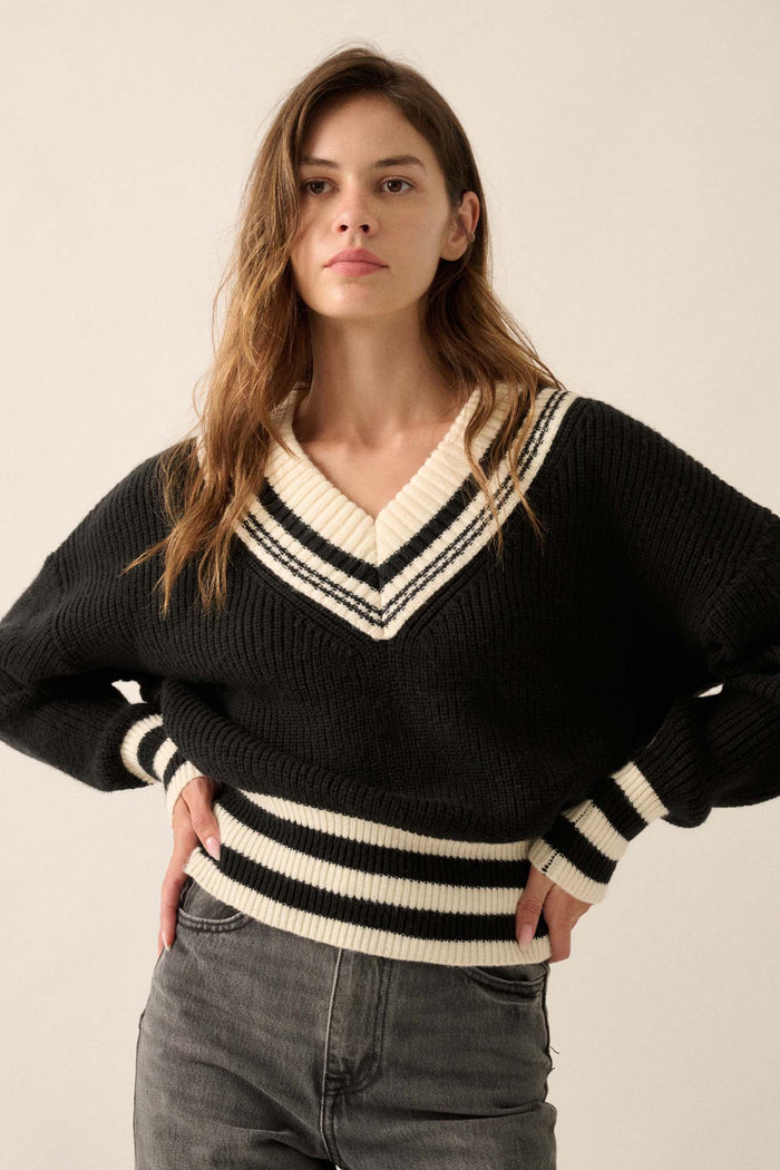 Serving Love Varsity-Stripe V-Neck Sweater - ShopPromesa