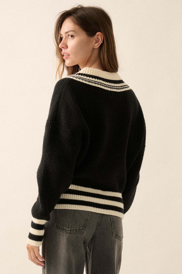 Serving Love Varsity-Stripe V-Neck Sweater - ShopPromesa