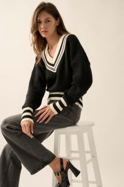 Serving Love Varsity-Stripe V-Neck Sweater - ShopPromesa