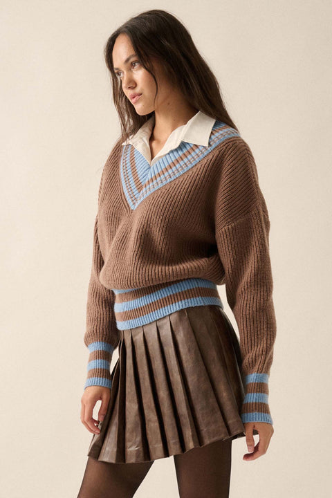 Serving Love Varsity-Stripe V-Neck Sweater - ShopPromesa