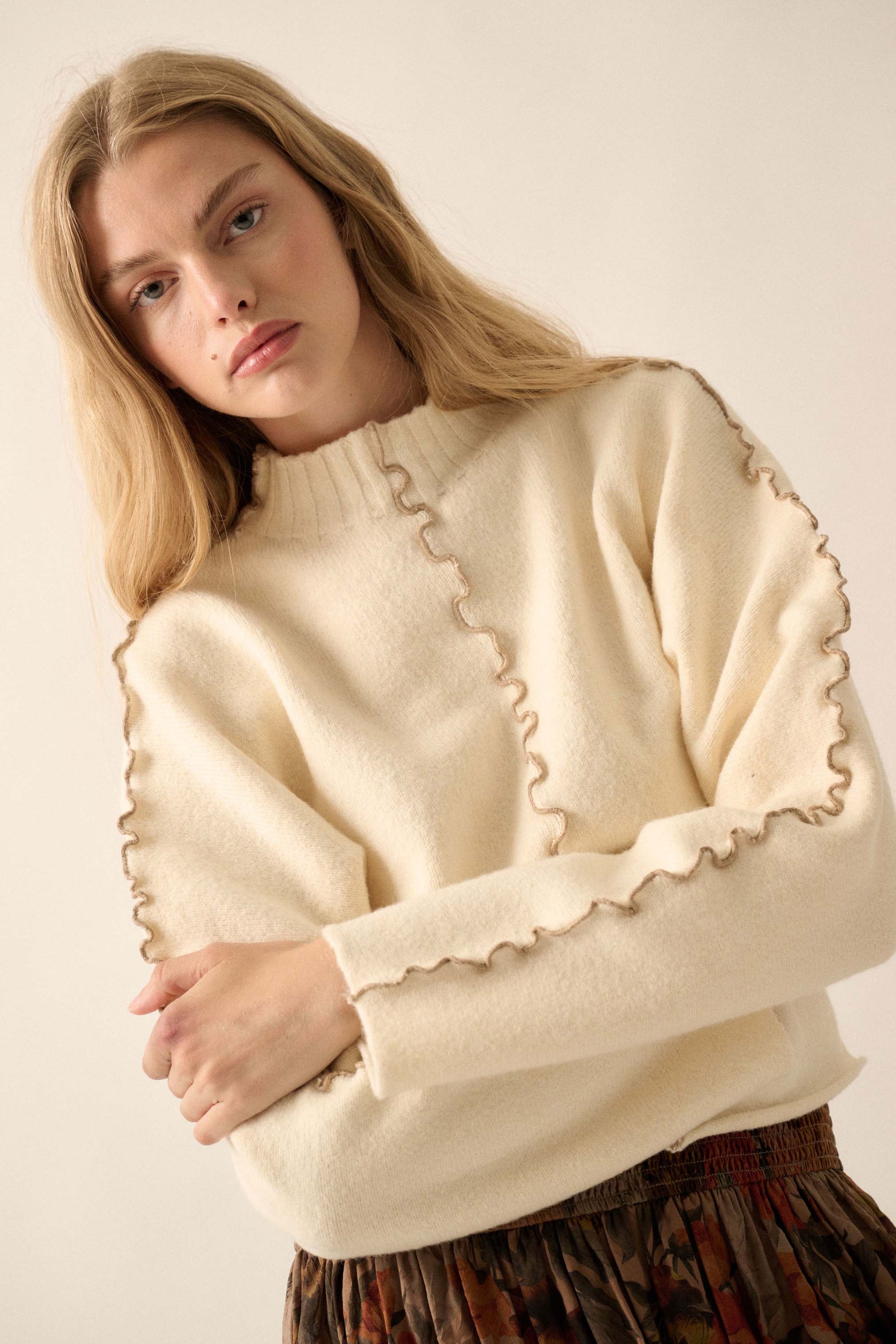 Wave Hello Lettuce-Edge Mock-Neck Sweater - ShopPromesa