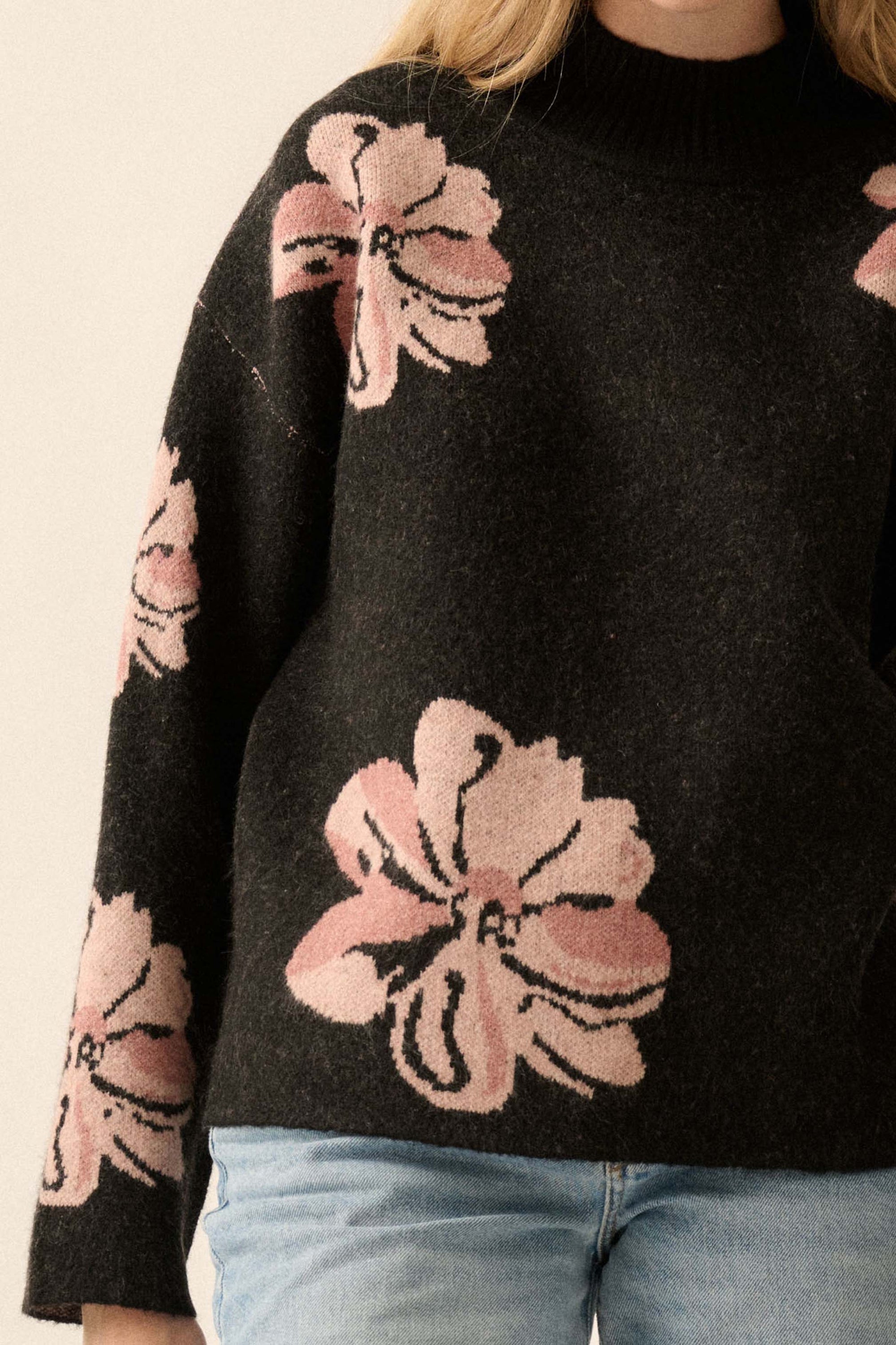 Comfy Flowers Mock-Neck Floral Jacquard Sweater - ShopPromesa