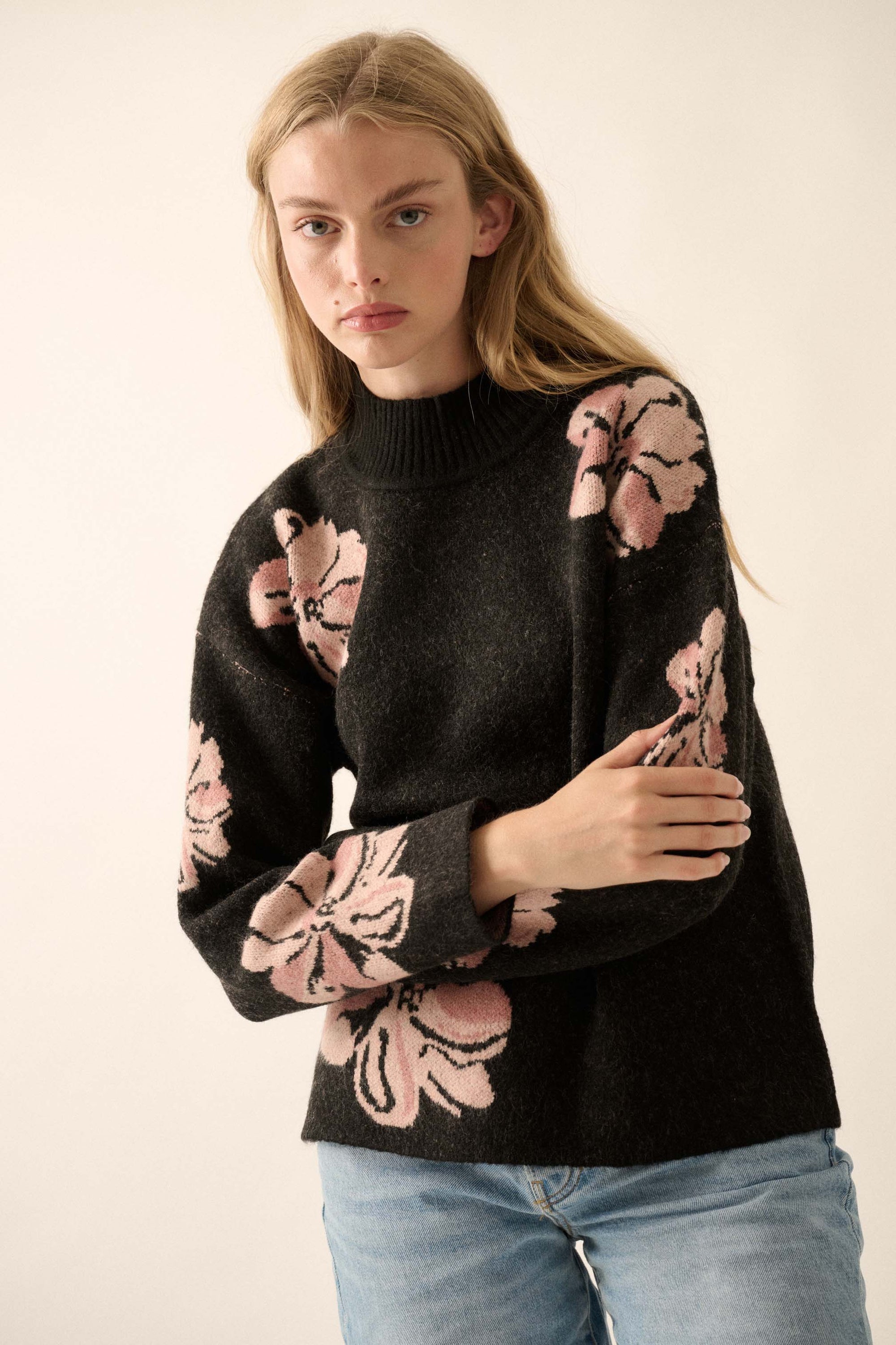 Comfy Flowers Mock-Neck Floral Jacquard Sweater - ShopPromesa