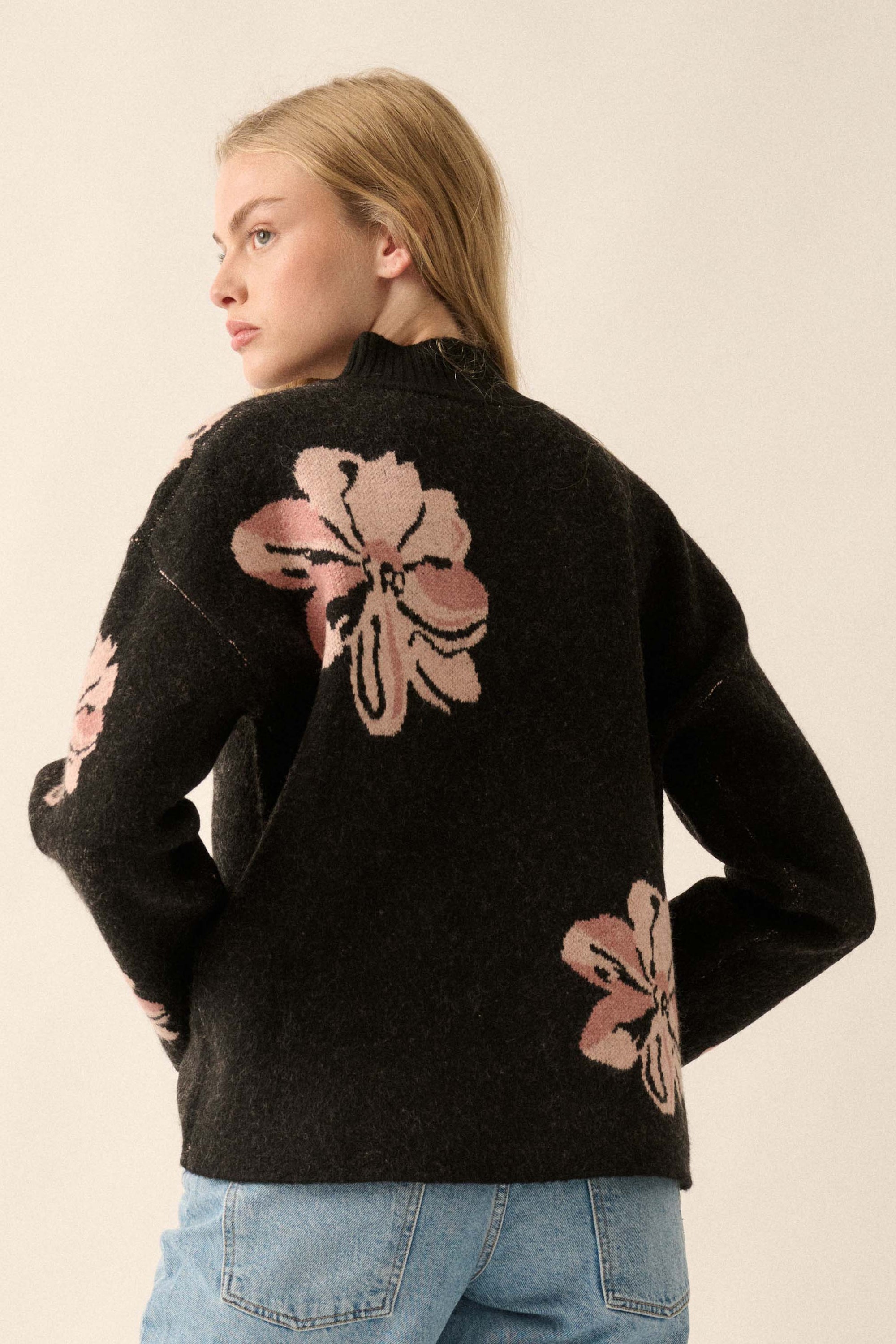 Comfy Flowers Mock-Neck Floral Jacquard Sweater - ShopPromesa