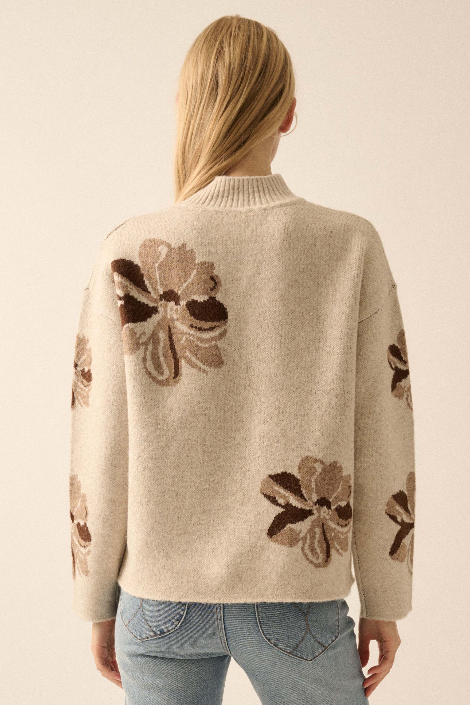 Comfy Flowers Mock-Neck Floral Jacquard Sweater - ShopPromesa