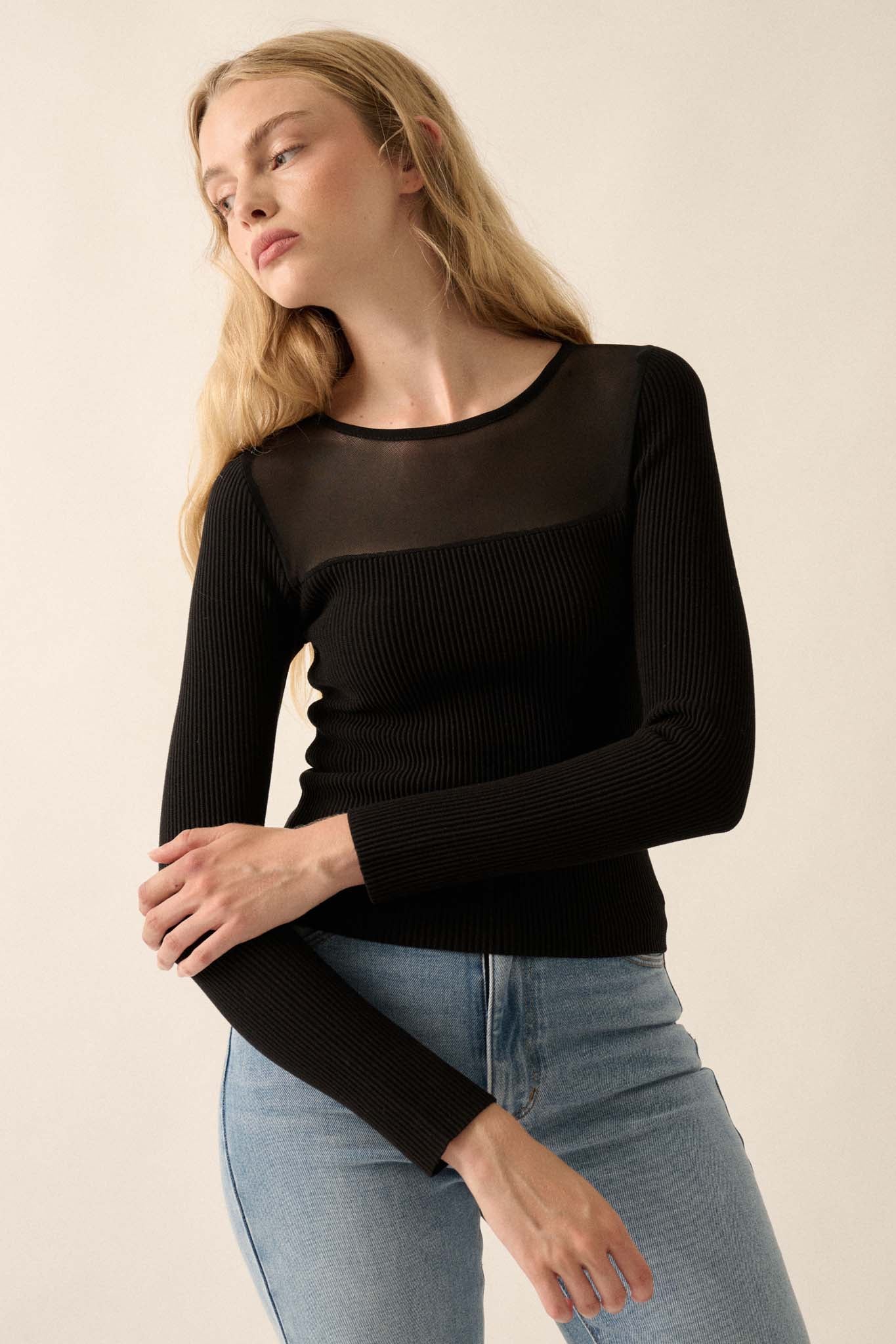 Shaper Fit Mesh Yoke Ribbed Knit Top - ShopPromesa