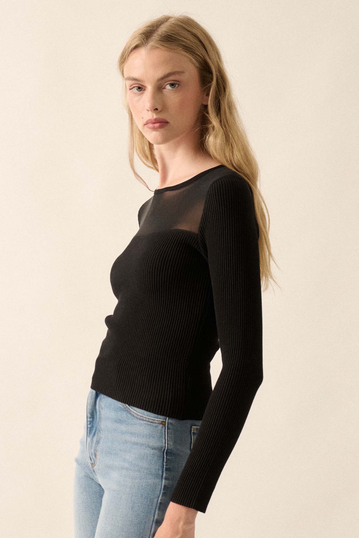 Shaper Fit Mesh Yoke Ribbed Knit Top - ShopPromesa